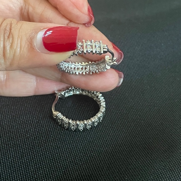 CZ Silver Hoop Earrings - Picture 5 of 7